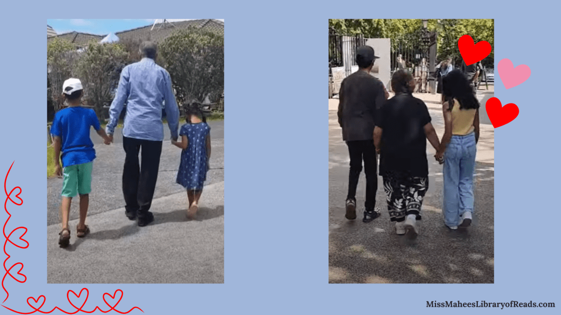 banner has light blue background and two photos. left photo has elderly man in blue shirt and black pants holding hands with small girl on right hand in blue and white dotted dress and small boy on left side with blue shirt, green shorts and white cap. group walking towards trees and roof of house behind that. photo on right has elderly woman in black shirt and black and white flowery pants with girl holding right hand in yellow shirt and jeans with dark hair and left hand holds tall boy in grey shirt and black jeans and grey cap. group walking outside with trees in background. small red and pink hearts on top right edge and three heart shapes joined together along bottom left edge like small border.