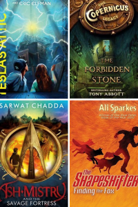 Four book covers Telsa's attic two kids looking at lightning The forbidden stone boy at top of stairs Ash Mistry boy with Indian god Finding the fox foxes running with boy