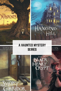 A Haunted Mystery series four books The crossroads big tree The hanging hill haunted mansion The smoky corridor zombie opening door body on floor The black heart crypt scarecrow with bag