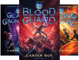 3 books Blood Guard middle left Glass Gauntlet right back Blazing bridge two kids fighting with swords