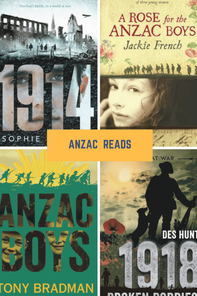 Anzac read four quarters 1914 bombed building girl and soldiers running and with rifle and dog