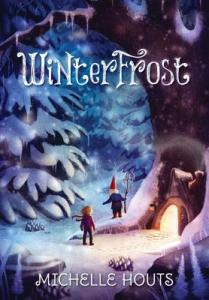 Winterfrost snowy landscape huge tree gnome with rod girl with scarf entering house inside tree