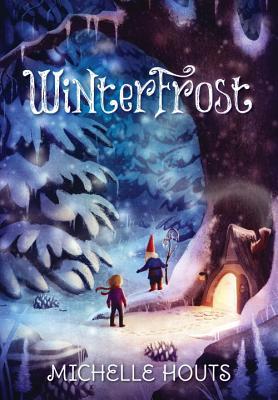 Winterfrost snowy landscape huge tree gnome with rod girl with scarf entering house inside tree