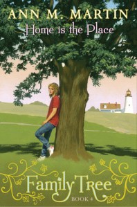 Home is the place girl leaning on tree on grass lighthouse in back