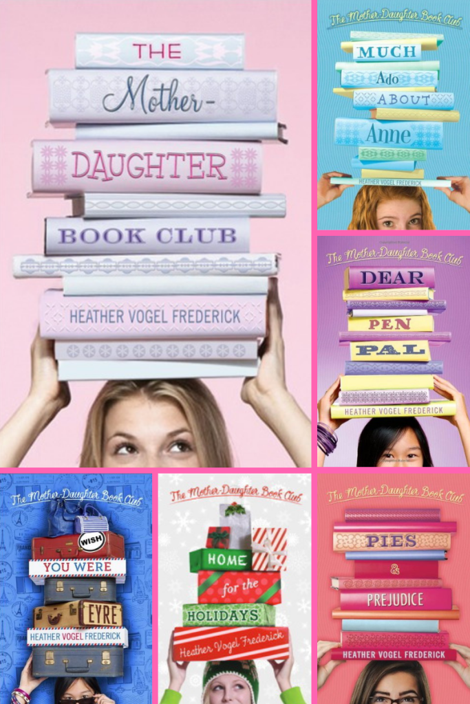 Six grids with book covers girls with pile of books on top of their heads