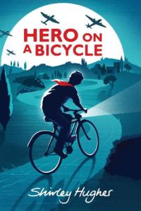 Hero on a bicycle boy on bicycle with red scarf on hilly road planes overhead over moon