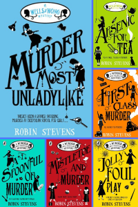 Six grid covers Murder most unladylike series two girls with detectives icons around them