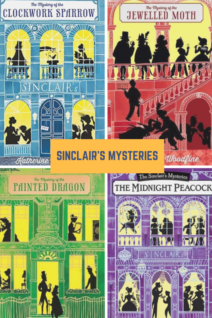 Sinclair's mysteries 4 grid sihouettes in windows men in top hats and fancy dresses on women