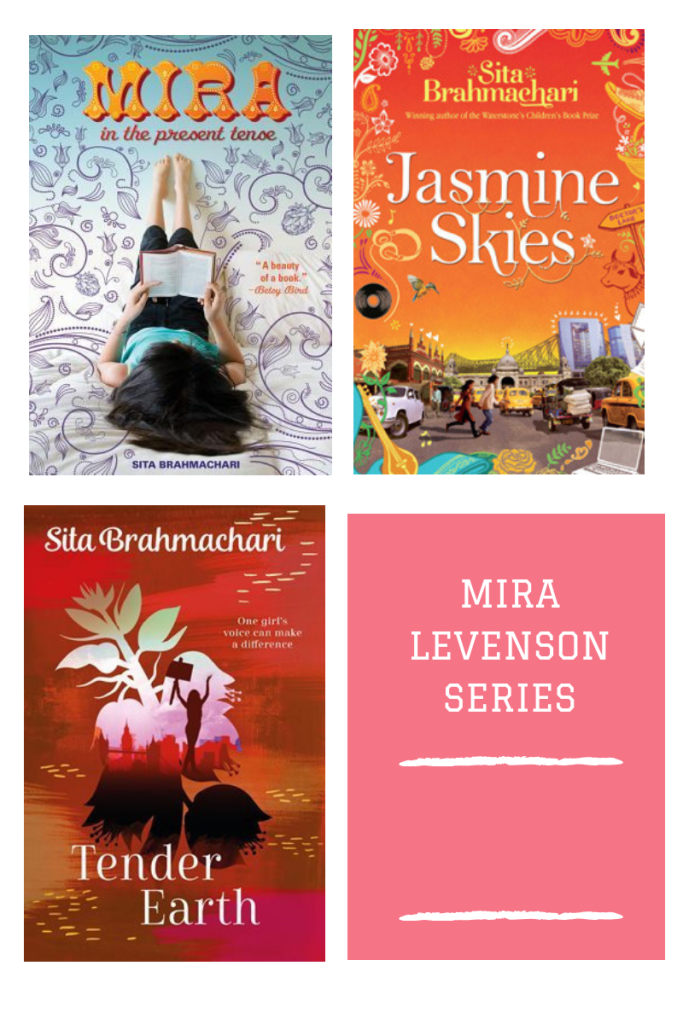 four grid Mira Levenson series in pink jasmine skies orange road scene Mira in the present tense girl reading book on back Tender earth red cover with flower shape inside girl with placard