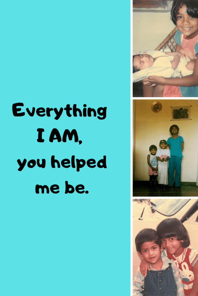 Everything I am, you helped me be. three vertical grid images. girl with baby and little kids posing