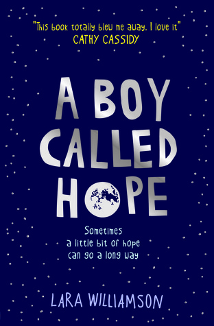 A boy called hope white writing against dark blue night sky with image of moon in Hope's O