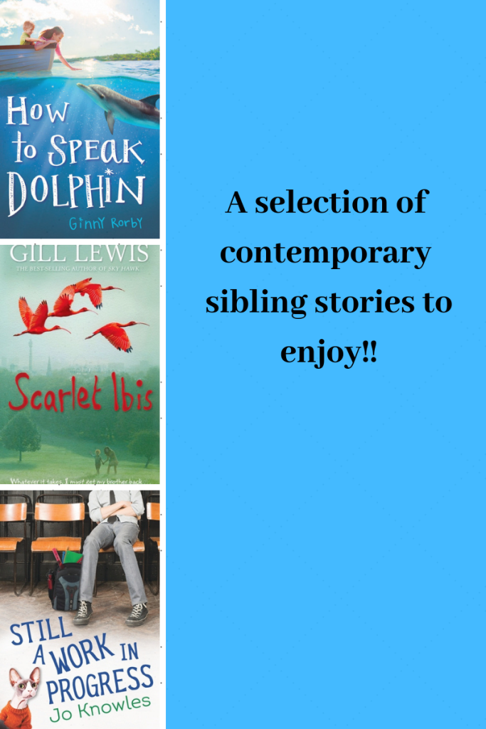 Four grid with three small on left with book cover images girl and boy in boat with dolphin in water red ibis boy sitting on chair on blue right A selection of contemporary sibling stories to enjoy!!