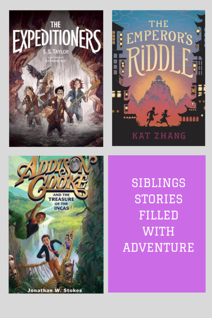 four grid The Expeditioners teens inside cave with water The Emperor's Riddle two kids running between buildings Addison Cooke kids running on rope bridge