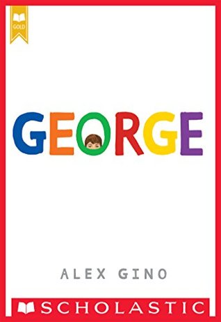 George multi-coloured letters on white background small face with just forehead peering through centre of O