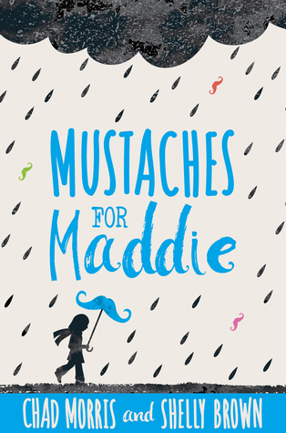 Mustaches for Maddie girl holding blue umbrella shaped like mustache under rain from dark rain cloud