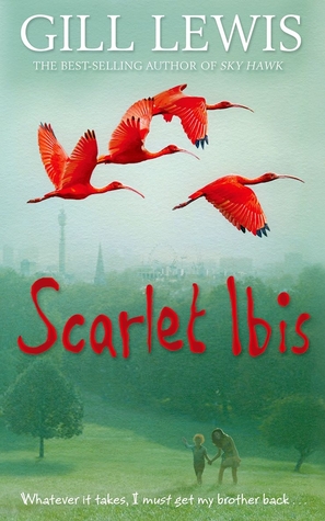 Scarlet Ibis large red ibis flying in faded sky girl and boy in park underneath