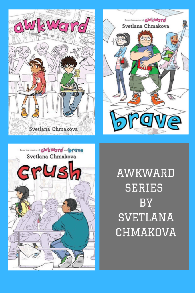 three grid cover images Awkward girl and boy in colour sitting facing away Brave three kids boy between two girls Crush boy sitting looking at girl in plait last square Awkward series by Svetlana Chmakova
