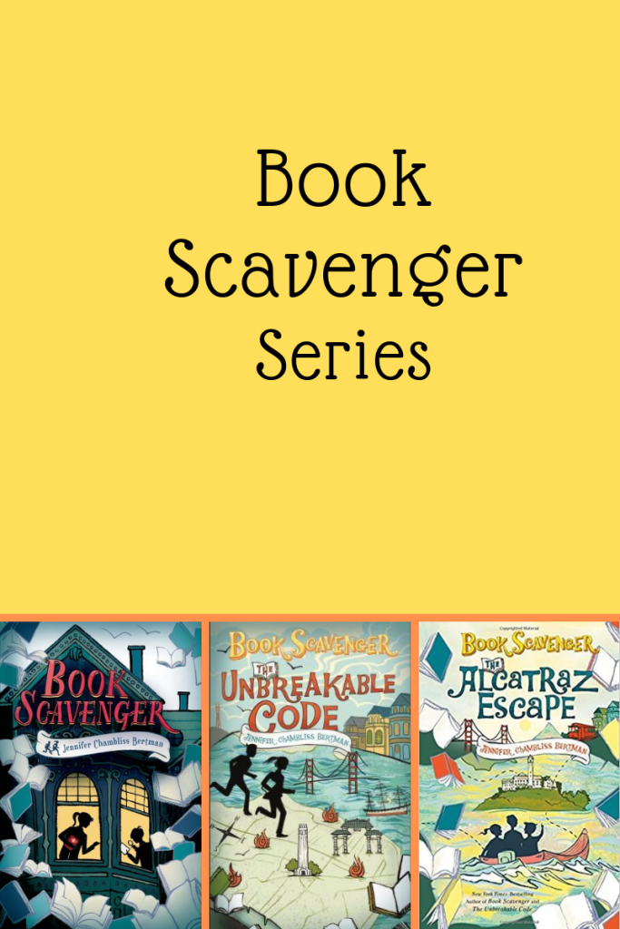 Book scavenger series large orange background three small book covers corner left Book Scavenger words on roof girl and boy silhouetted through windows Unbreakable code in middle boy and girl running on map Alcatraz Escape kids in shadow looking towards island prison in middle
