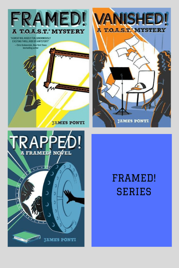 Four grid in blue background left top Framed! boy peeping out of white spotlight and frame top right Vanished! boy and girl empty chair in spotlight bottom left Trapped! hand closing blue safe door boy and girl silhouette inside