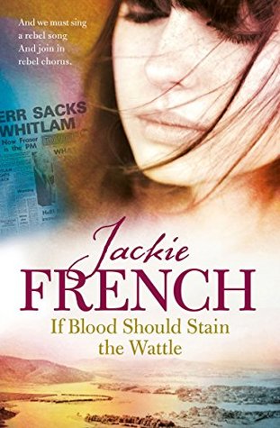 Jackie French If blood should stain the wattle girl with long dark hair eyes closed newspaper article to her side hills and fields on bottom in light pink hues