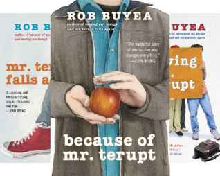 Three school story titles by Rob Buyea Mr Terupt falls again red sneaker because of Mr Terupt boy holding ball Saving Mr Terupt students behind backpack on ground
