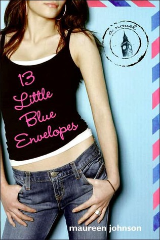 13 Little Blue Envelopes pink letters across black singlet on girl with jeans blue background with envelope pattern in right corner