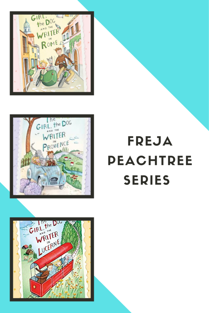 Freja Peachtree series on right white background top right and left bottom corners blue triangles left side boxes with cover images top girl in sidecar of motorbike driven by man on street middle girl and man in blue car in countryside bottom girl and man inside rail car mountain behind