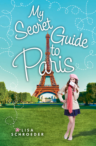 My secret guide to Paris around Eiffel tower in middle girl in pink beret and jacket in front on grass