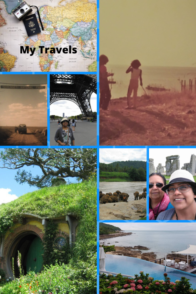 8-grid top map with camera and passport My Travels across Africa underneath Serengeti National Park sign Surani under Eiffel Tower big picture on right two girls looking at lake bottom left grassy hill with door Hobbitton small grid next elephants in Sri Lanka next box two women in front of Stonehenge underneath right corner blue sea overlooking from resort pool Koh Samui Thailand