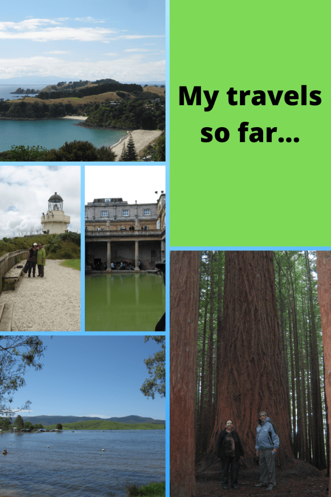 six grid images My travels so far black letters on green top right box top left image of brown green hills and blue sky middle lighthouse and me and mum next image of Roman pumphouse in Bath bottom left lake in Queensland right box mum and dad in front of redwood tree