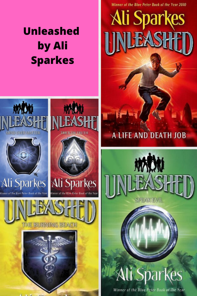Unleashed by Ali Sparkes in pink background on top left nest A life and death job red background boy jumping underneath green cover Speak evil ring with radio waves inside bottom left yellow cover The Burning beach hawk and two serpents above blue cover with red cover next to it symbols of atom in blue and coiled heart in other