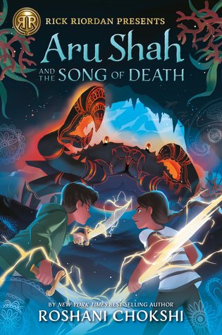 Aru Shah and the song of death blue letters on dark background large crab-like creature underneath boy and girl with swords and lightning bolt facing creature