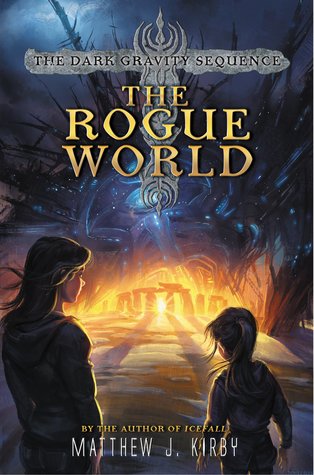The Rogue world yello letters large black shape with tendrils above Stonehenge in distance with bright light in middle woman and girl in foreground looking at it
