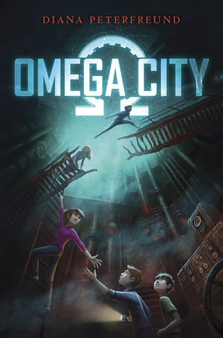 Omega City white letters in front of white omega symbol two kids jumping across broken bridge girl hanging from ladder reaching out to boys below her