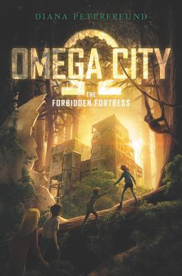Omega city in light yellow letters omega symbol behind large buildings between trees in forest light behind four figures of kids on large log in foreground chimpanzee hanging on to branch in tree