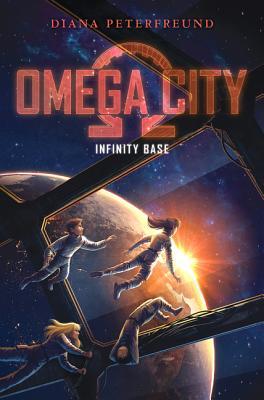 Omega City in red letters and red omega symbol behind Infinity Base in white underneath four kids in spacesuits floating inside spaceship with large windows looking at earth below and sun peeping behind dark blue space behind