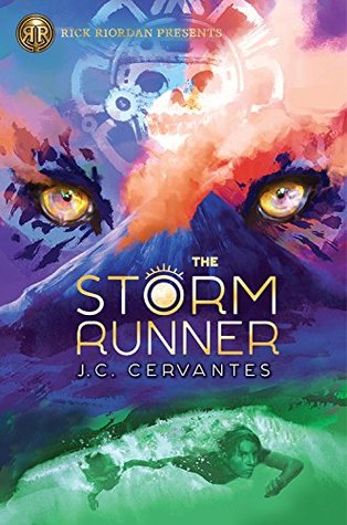 The Storm Runner J. C. Cervantes white letters blue erupting volcano behind large yellow eyes on sky and mountain symbol of skull above below green water boy swimming