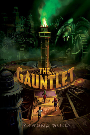 The Gauntlet orange letters wrapped arund tower in middle green fire on top three kids running towards giant cog wheels and minarets at back