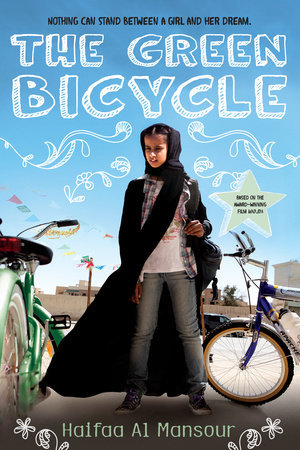 The Green Bicyclle letters written in white chalk outline on blue sky background young Arabic girl with black hijab and cloak in jeans bicycles next to her