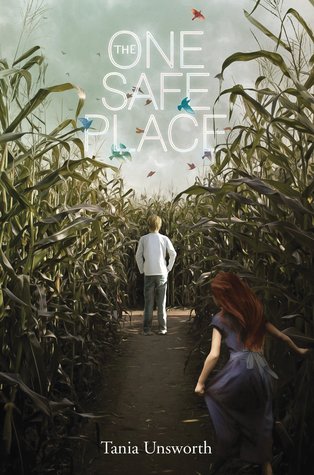 The one safe place white letters against sky the inside o in one corn field on sides boy in white shirt and grey pants facing the field girl in blue dress running towards him