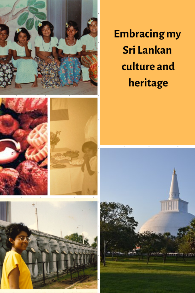 six grid images in five top left five little girls sitting in colourful skirts and white blouses flowers in hair middle left brown food items middle right small child praying in front of table bottom left girl in yellow tshirt in front of wall of carved elephants bottom right image of white temple in Sri Lanka Ruwanveliseya top orange background black text Embracing my Sri Lankan culture and heritage