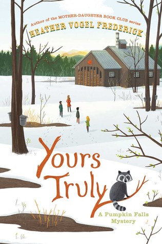 Yours Truly in brown letters y of Truly like branch with racoon on it. group of kids on snow behind letters walking. trees between them and house in background. winter landscape.