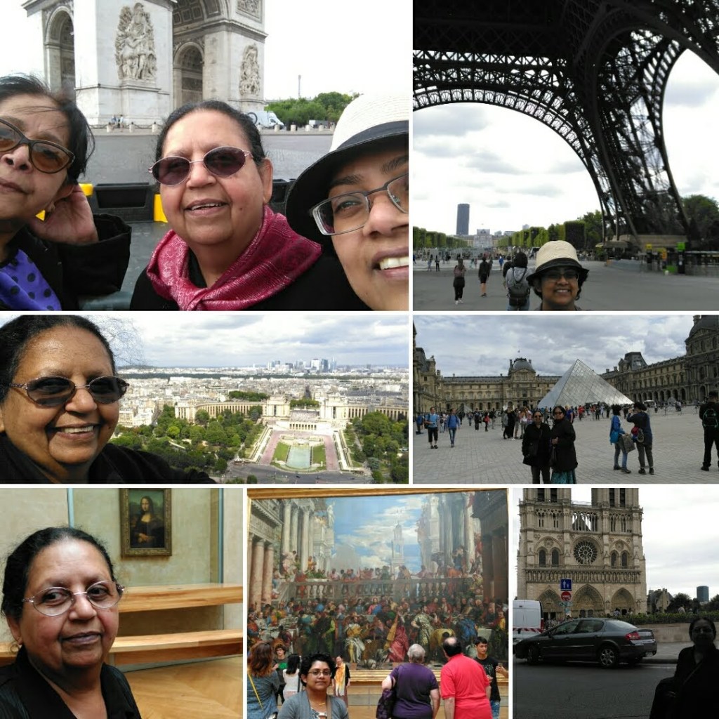 7 grid image. top left three women in front of Arc de Triumph. top right me under Eiffel Tower. middle left mum with Paris behind her. middle right people around front of Louvre. glass pyramid behind . bottom left mum with Mona Lisa. middle me in front of large painting. right mum in front of Notre Dame.