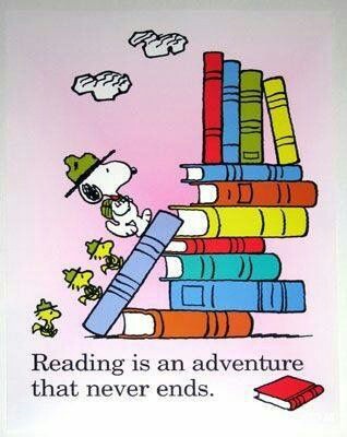 light purple background with cartoon image of books in pile. Snoopy dog from Peanuts with hat and bag walking along blue book to top of pile. three birds behind him with same hats. quote underneath reads Reading is an adventure that never ends.