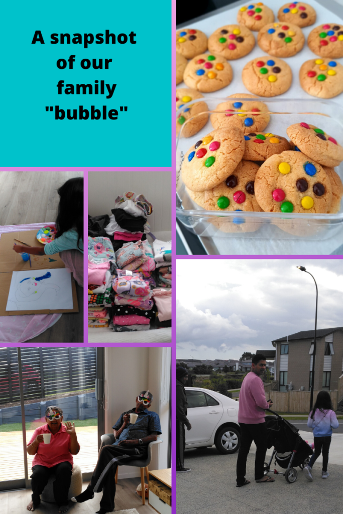 six grid box. top left black text on blue background A snapshot of our family "bubble." top right cookies with M&M's on top. middle left small girl painting on floor. next image of piles of clothes. bottom left elderly couple seated with cups of tea and funny masks. bottom right man with pram and small girl walking with other man behind. white car and cloudy sky.