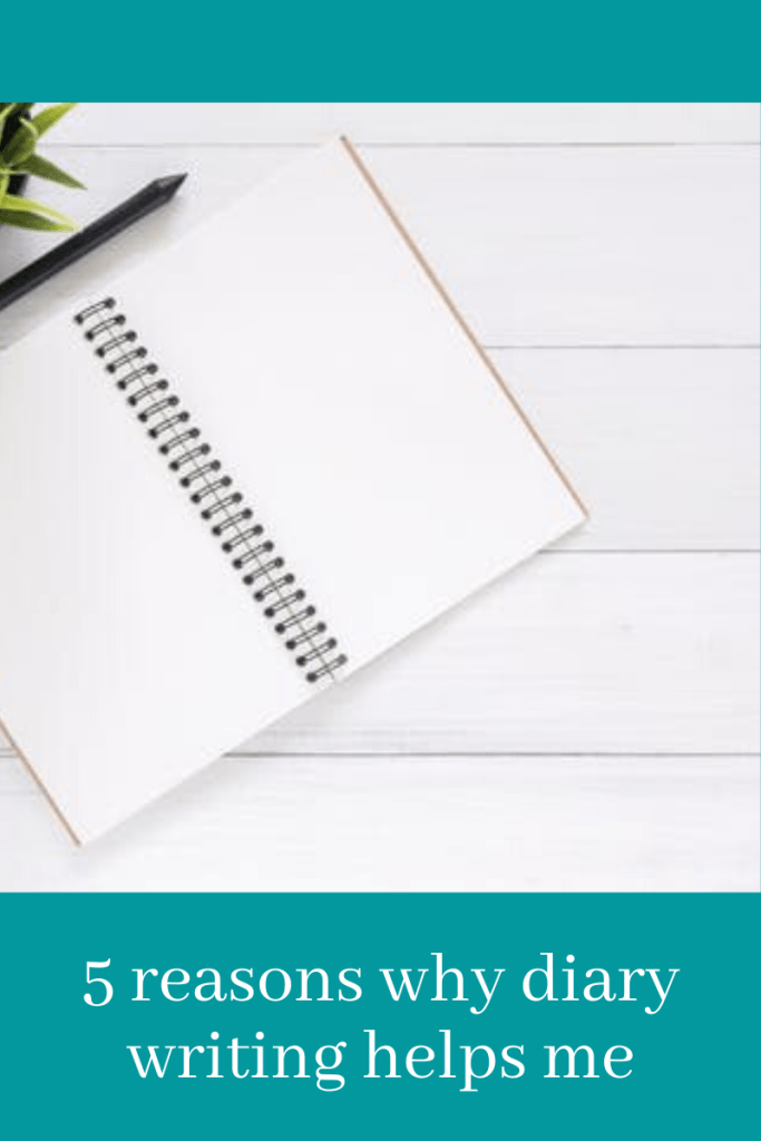 image in middle of spiral bound book open on blank page. pen above book on white table. blue background above and below. white writing below 5 reasons why diary writing helps me.