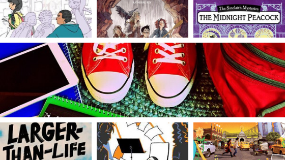 banner format of image. large image in middle of shoes and devices. top three small images of book covers. top left boy and girl in colour. middle of kids inside a cave. top right title The Midnight Peacock purple back. bottom left text in black Larger-than-life middle boy and girl in silhouette bottom right image of street scene in India.