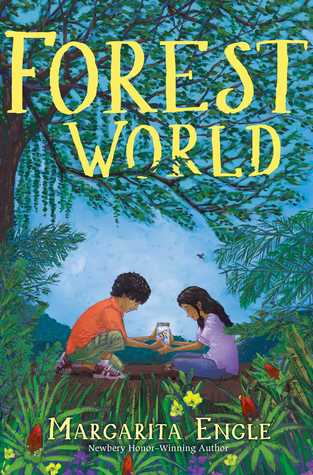 Forest World in yellow letters across branches of tree. below boy in orange tshirt and girl in purple tshirt hold glass jar. flowers in bushes below them.