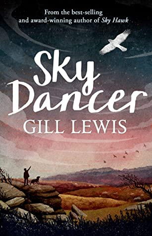 Sky dancer in white letters across middle of darkening sky. above white bird flying. below on top of hill boy pointing up with dog.