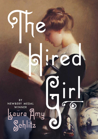 Young girl in black dress reading book in profile. porcelain figurine and vase at bottom right. light brown background. The Hired Girl in white letters across girl.